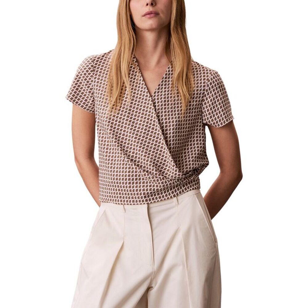 Calvin Klein Womens Crepe Print Wrap Top, Brown